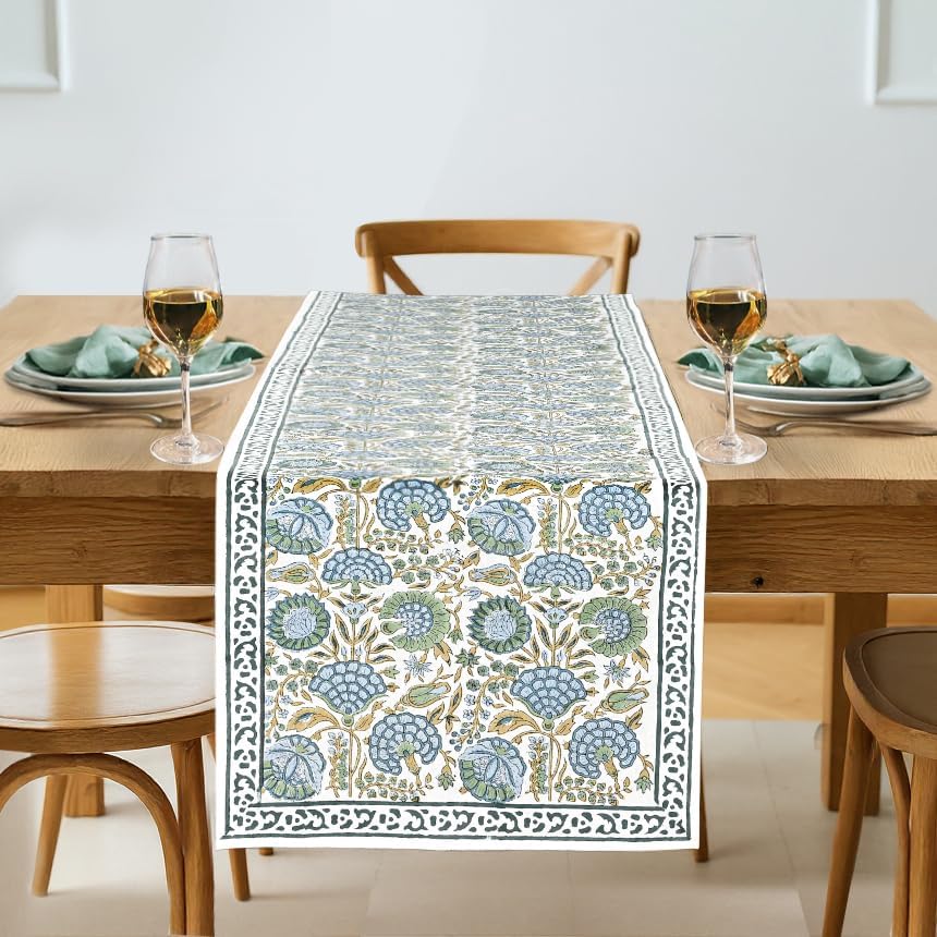 Block‑Print Green Cotton Table Runner