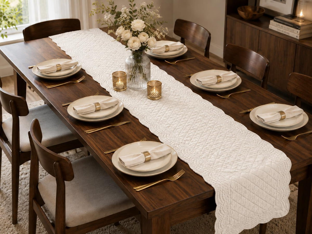 Quilted Cotton Ivory Table Runner Decor