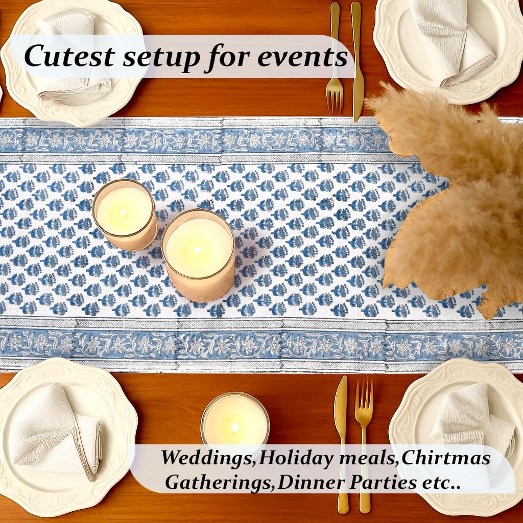 Cotton Block‑Print Blue Table Runner