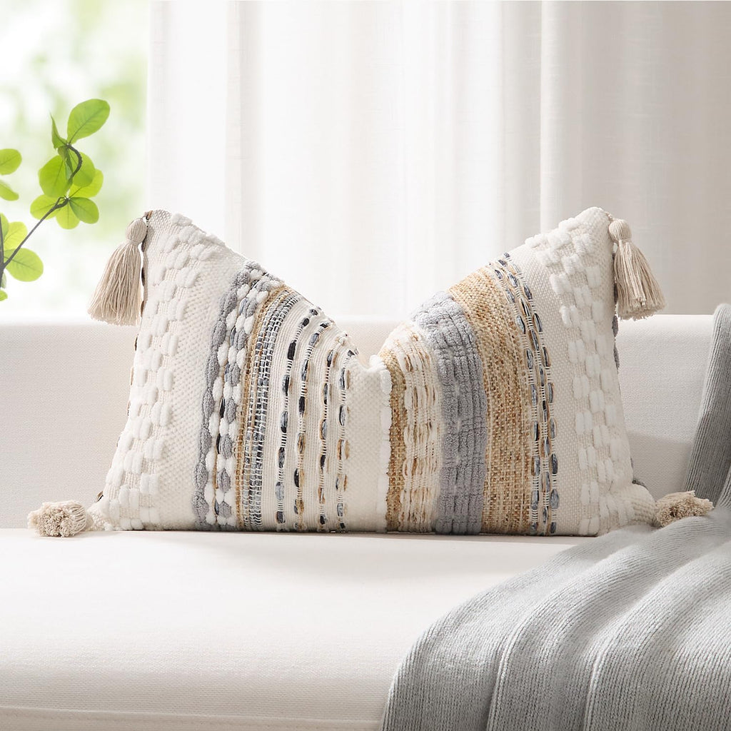 Beige Boho Tufted Lumbar Pillow Cover
