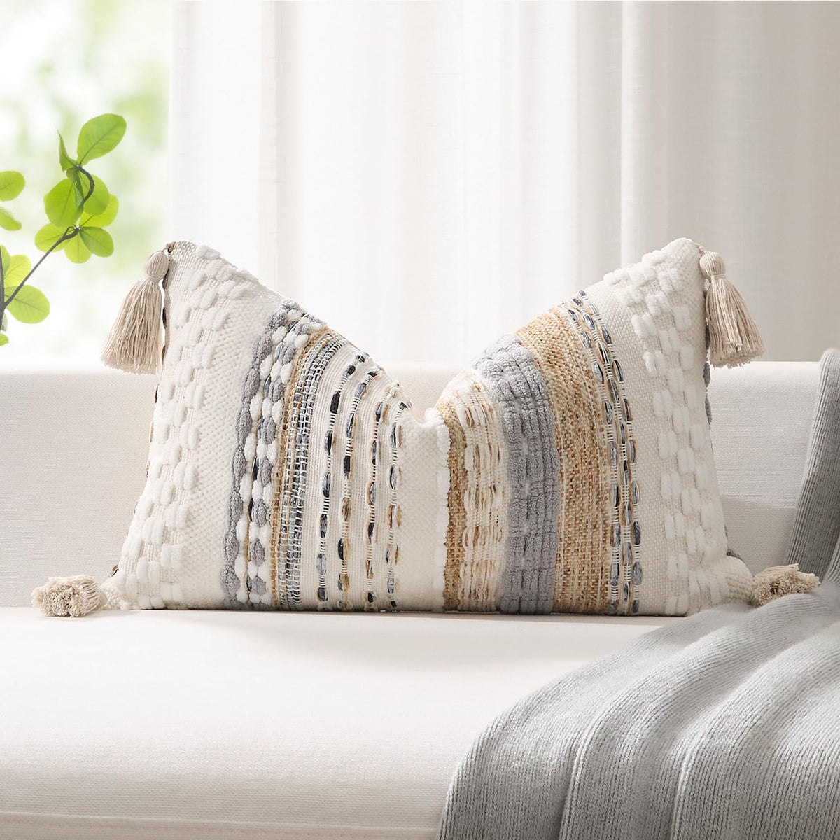 Beige Boho Tufted Lumbar Pillow Cover