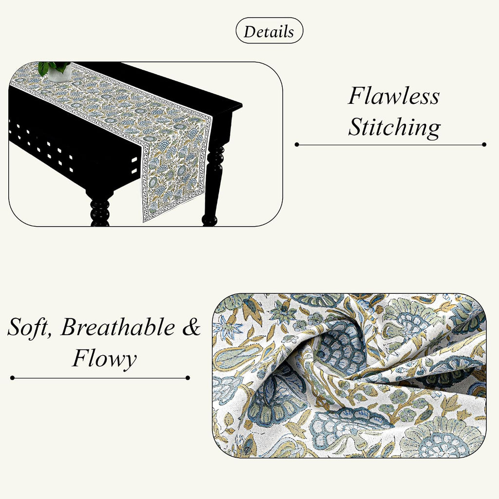 Block‑Print Green Cotton Table Runner