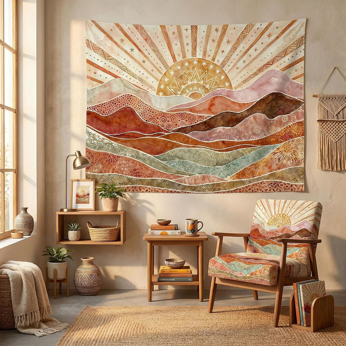 Boho Watercolor Mountain Wall Tapestry