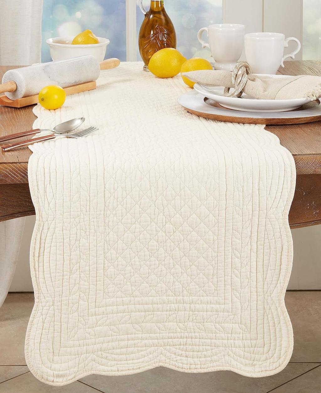 Cotton Quilted Ivory Table Runner