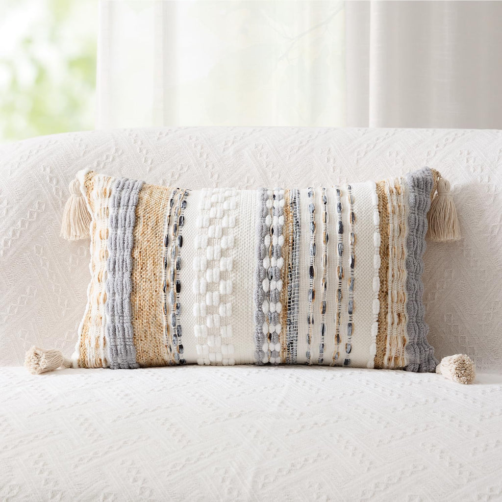 Beige Boho Tufted Lumbar Pillow Cover