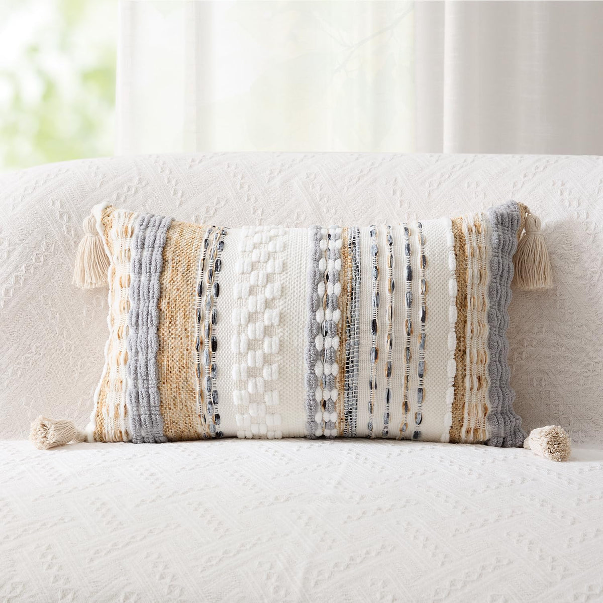 Beige Boho Tufted Lumbar Pillow Cover