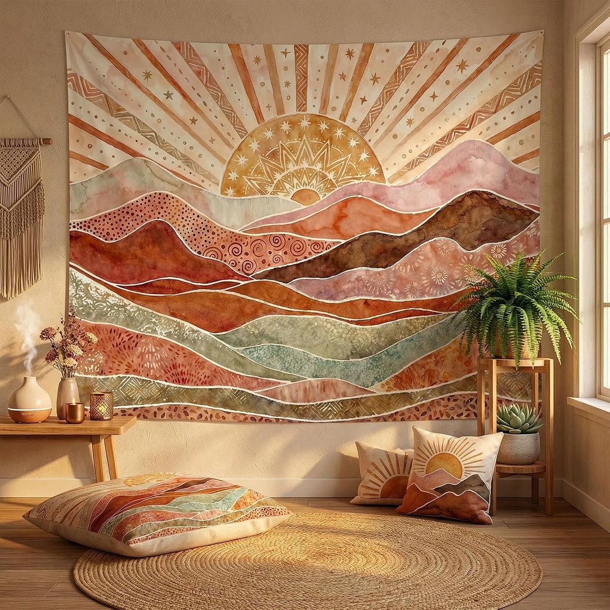 Boho Watercolor Mountain Wall Tapestry