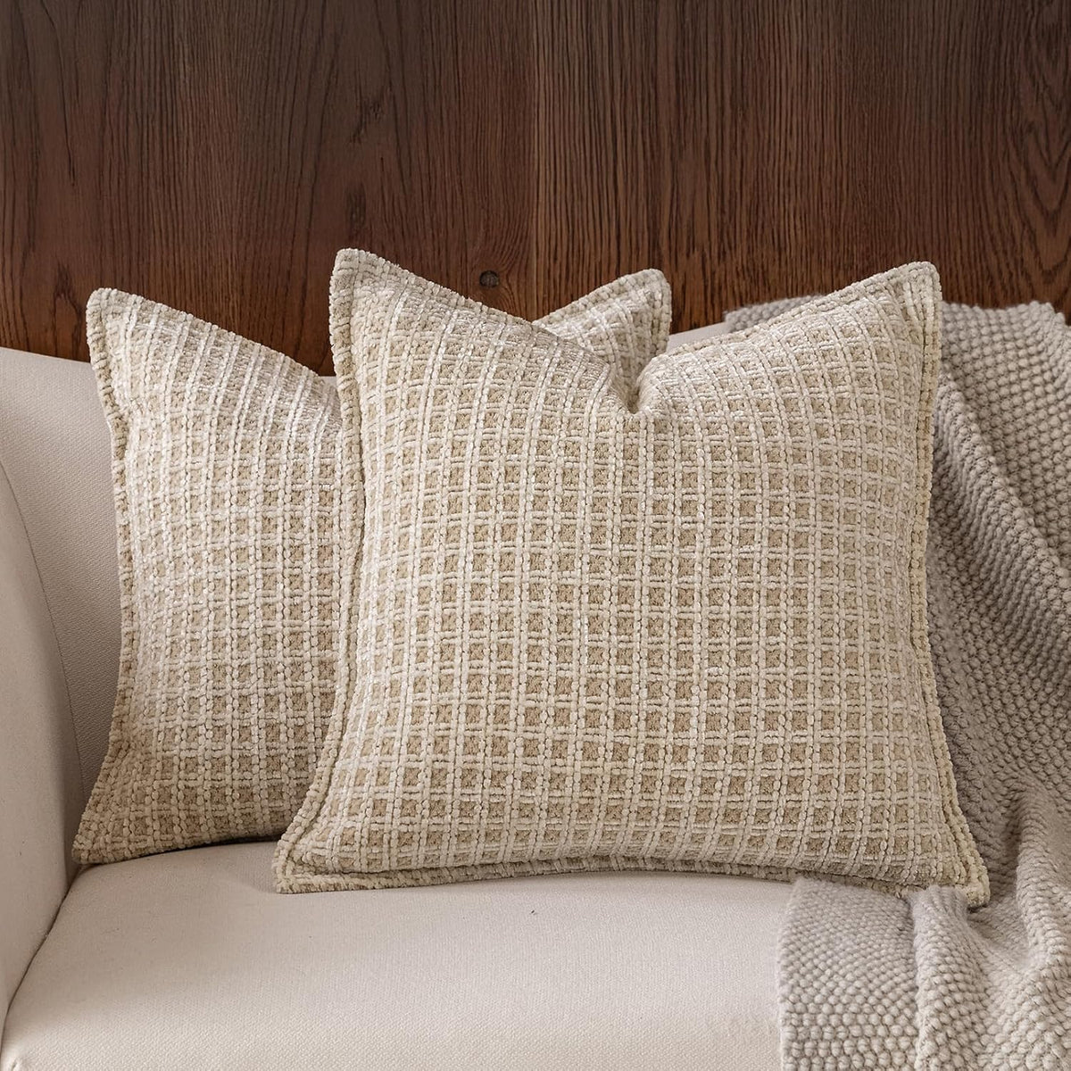 Beige‑White Chenille Woven Pillow Covers