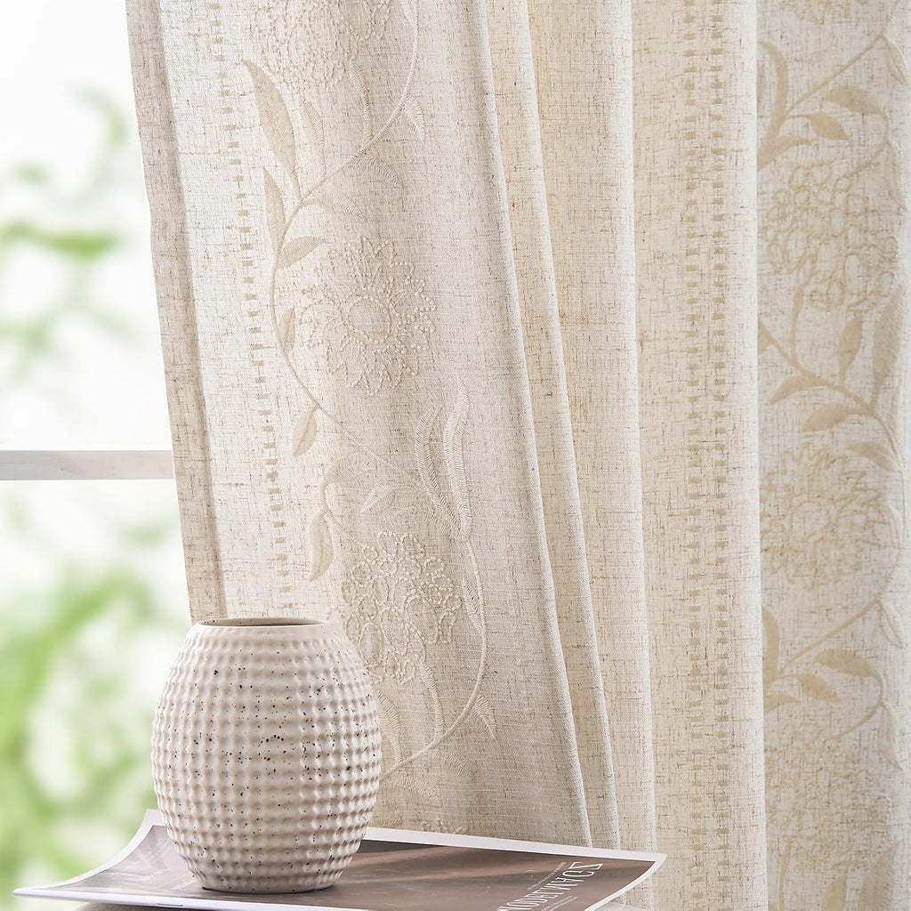 Ivory Floral Linen Living‑Room Curtains