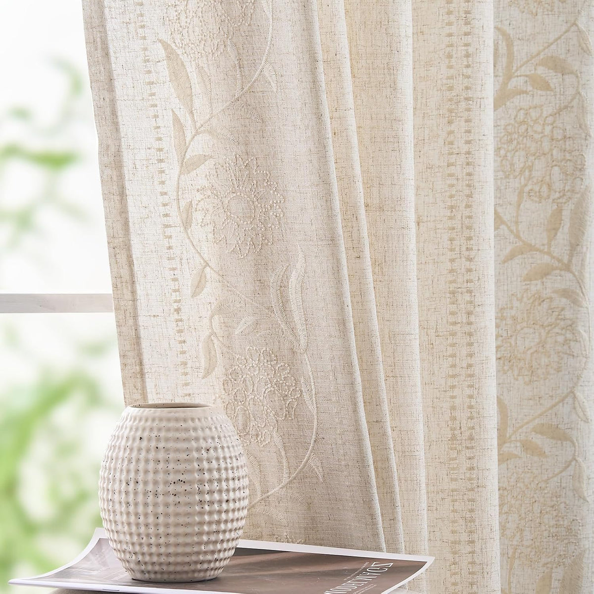 Ivory Floral Linen Living‑Room Curtains
