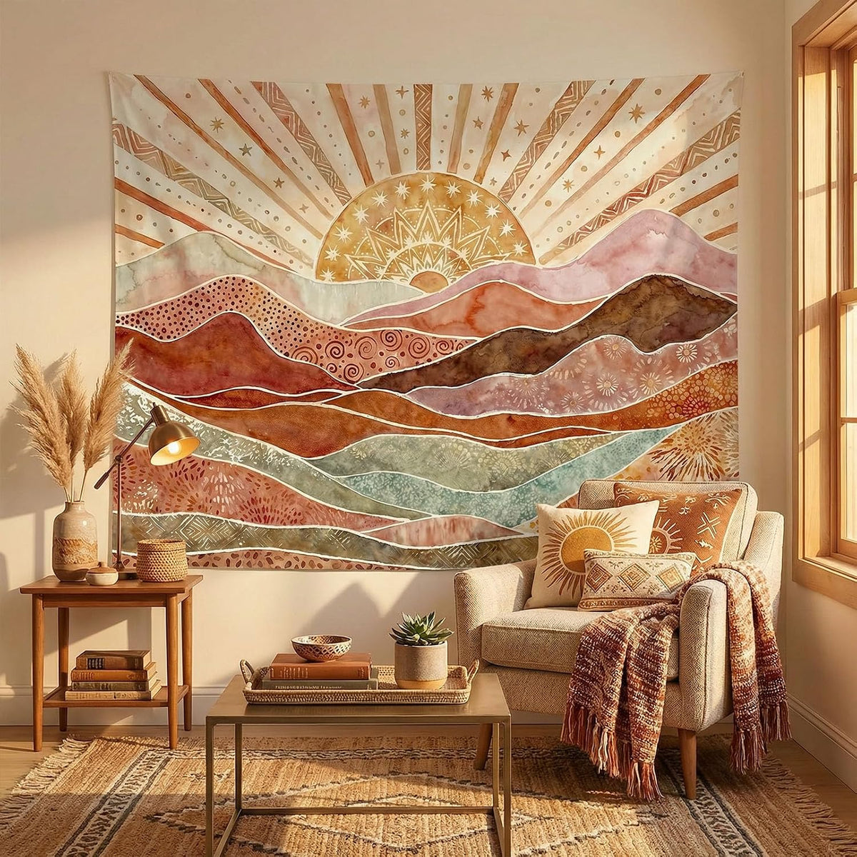 Boho Watercolor Mountain Wall Tapestry