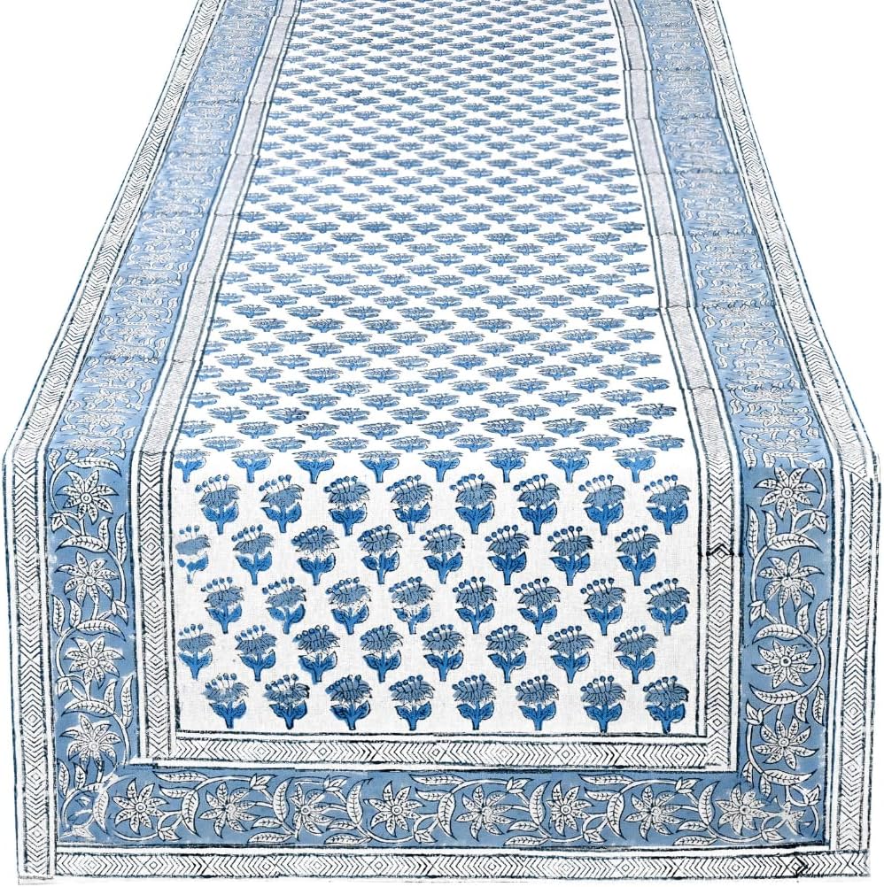 Cotton Block‑Print Blue Table Runner