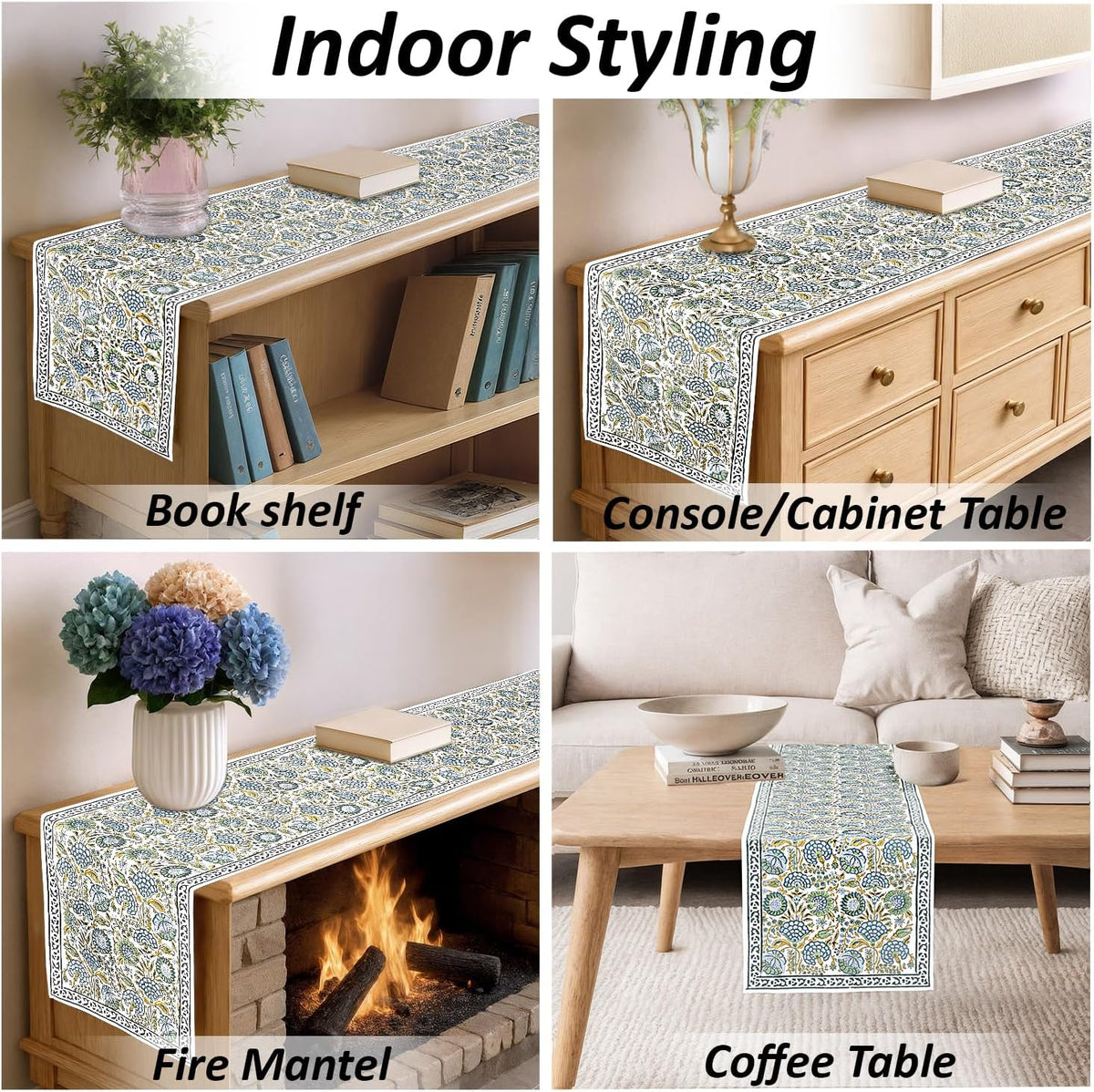 Block‑Print Green Cotton Table Runner