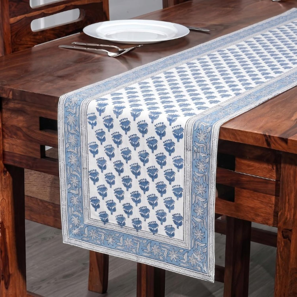 Cotton Block‑Print Blue Table Runner
