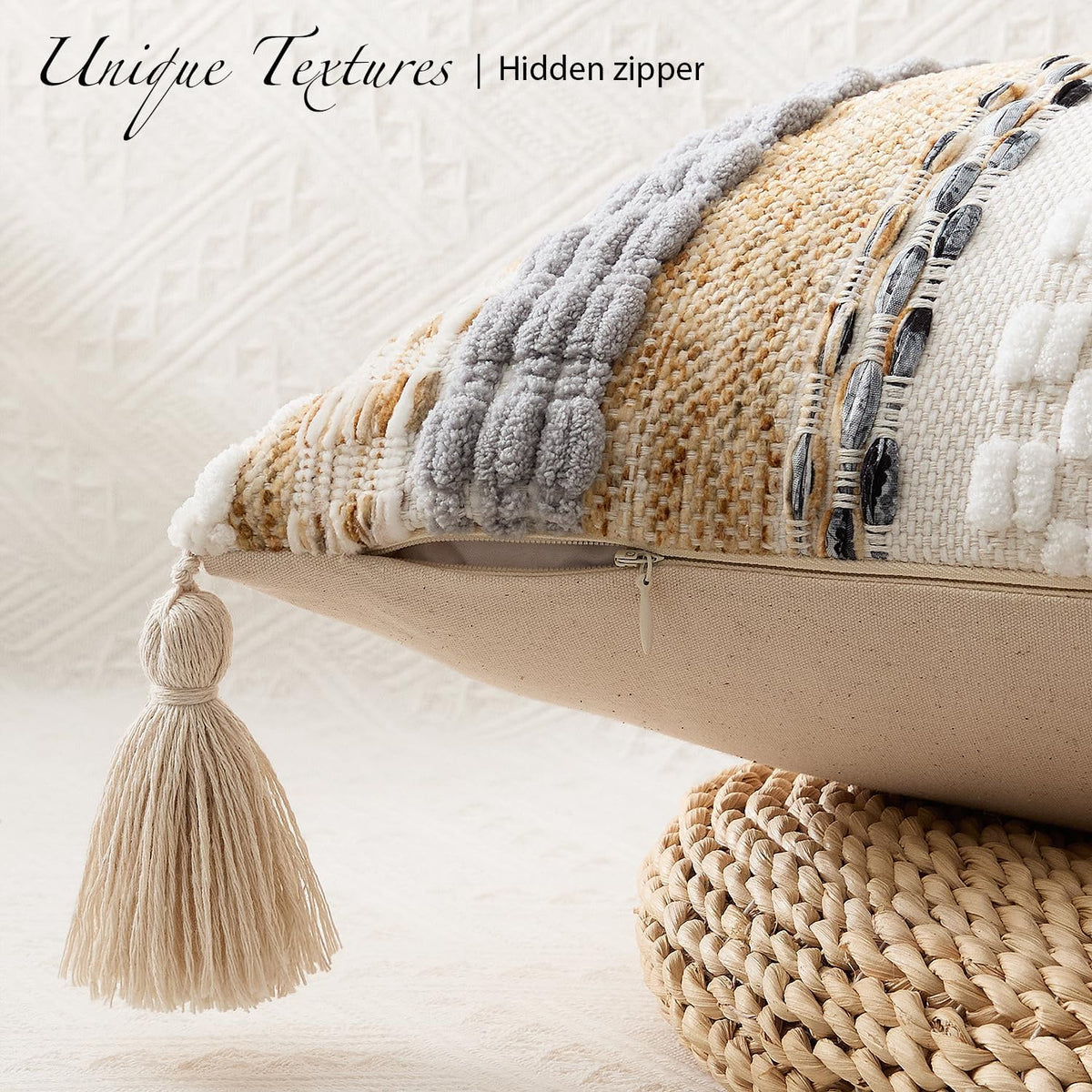 Beige Boho Tufted Lumbar Pillow Cover