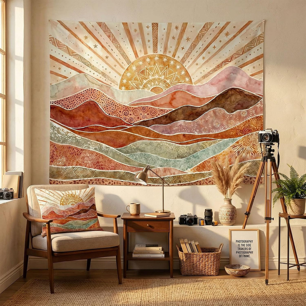 Boho Watercolor Mountain Wall Tapestry