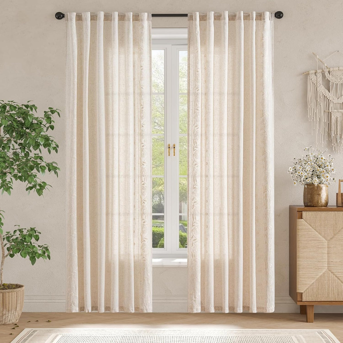 Ivory Floral Linen Living‑Room Curtains