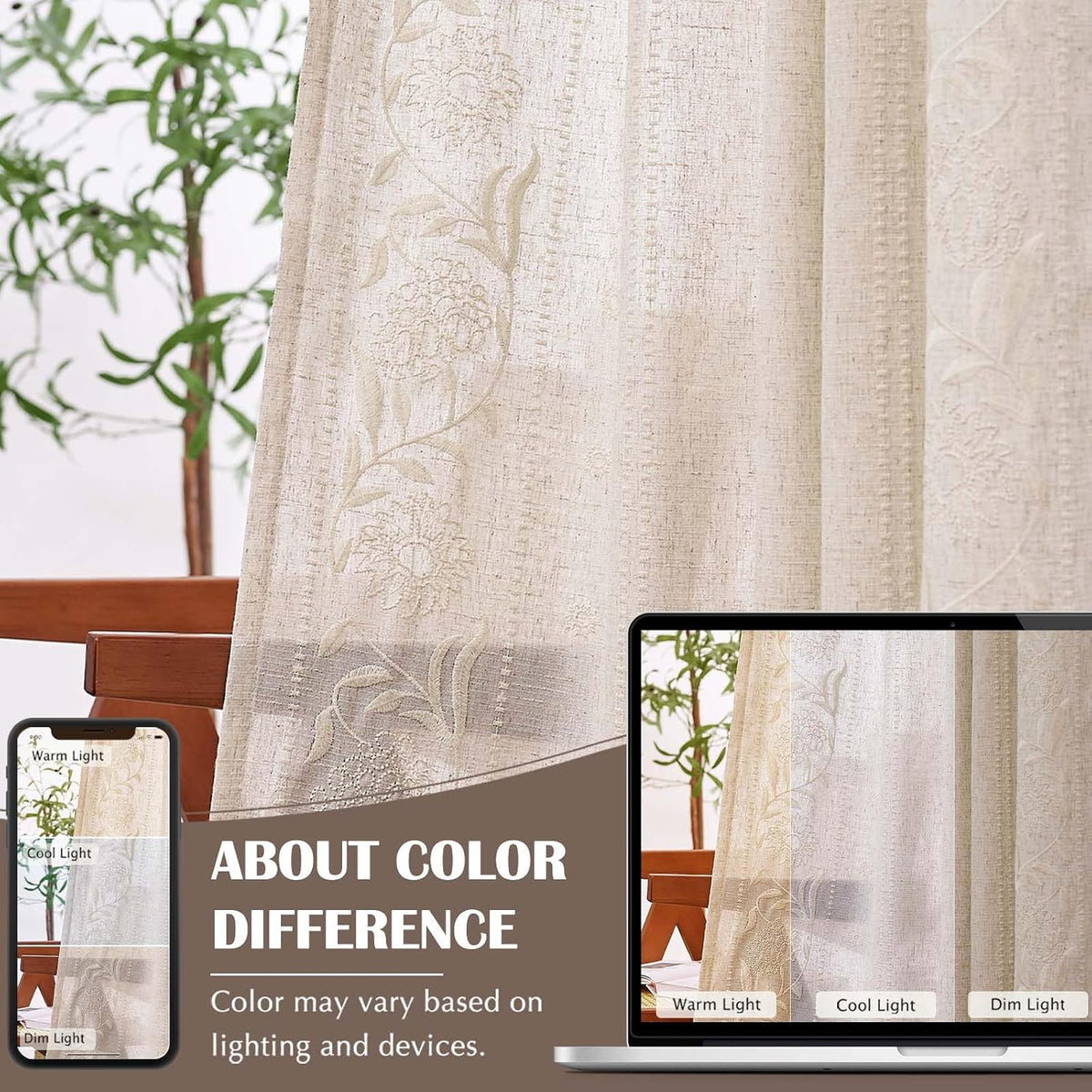 Ivory Floral Linen Living‑Room Curtains