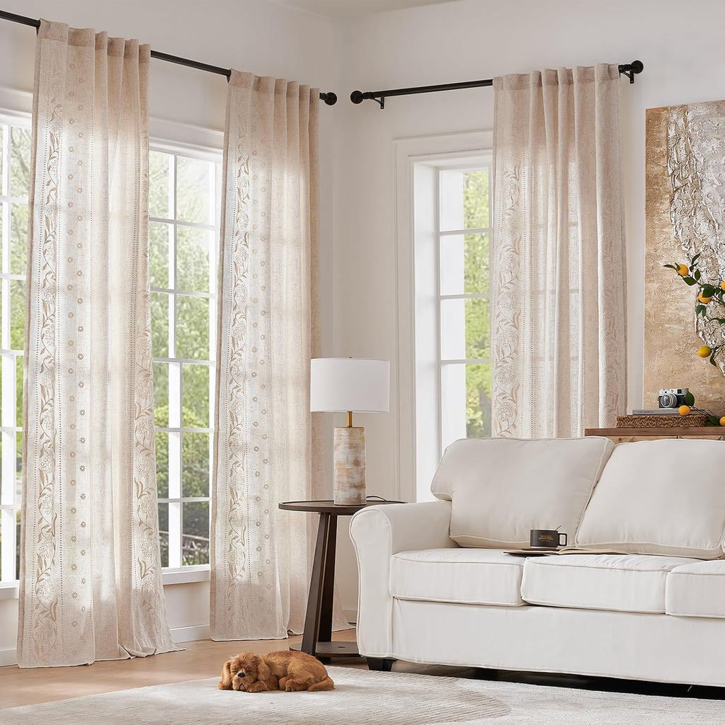 Ivory Floral Linen Living‑Room Curtains