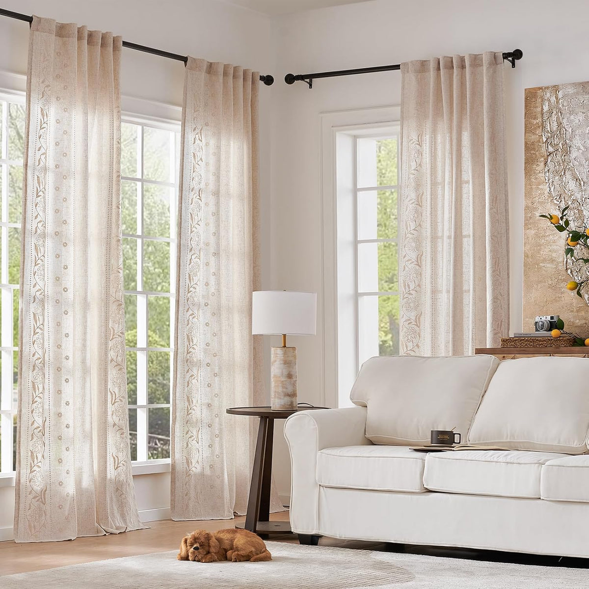 Ivory Floral Linen Living‑Room Curtains