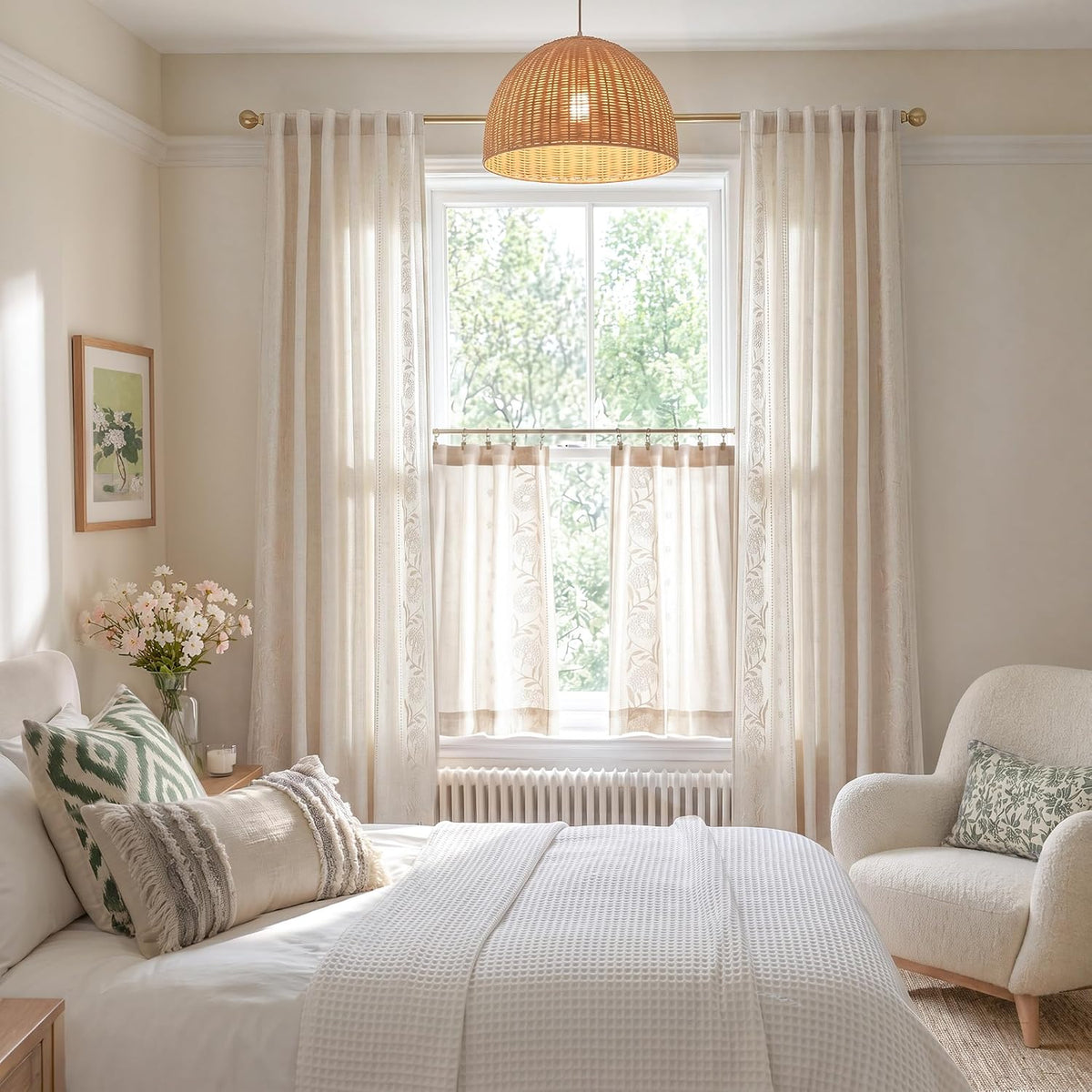 Ivory Floral Linen Living‑Room Curtains