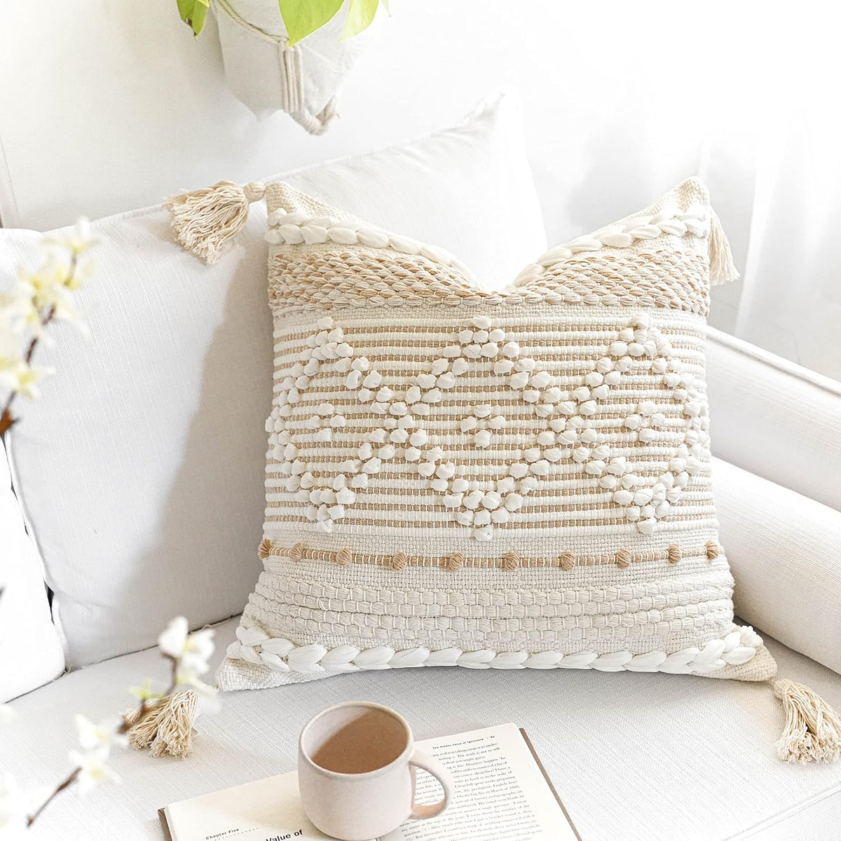Cream‑White Boho Woven Pillow Cover